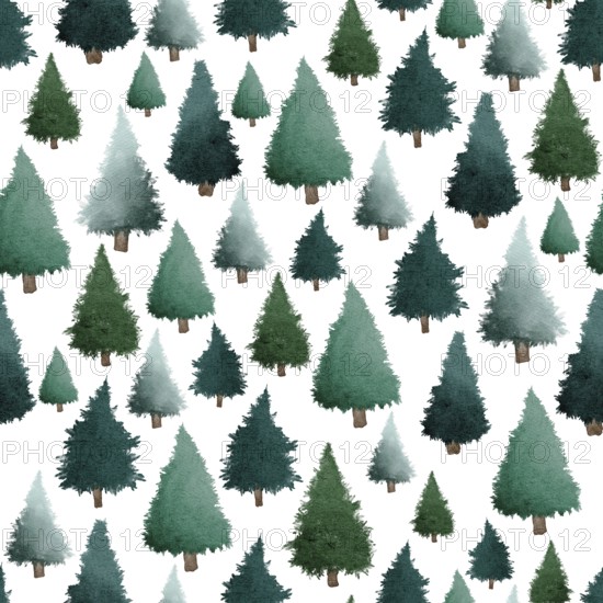 Green Christmas trees watercolour painting seamless pattern design illustration on white background
