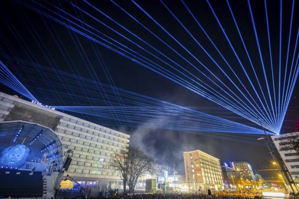 Opening party for the European Capital of Culture, with 80, 000 guests and several stages. The opening show began with a brass fanfare composed by Theo Nabicht, which spiralled spherically into the sky above Chemnitz from three high-rise rooftops, Chemnitz, Saxony, Germany, Europe