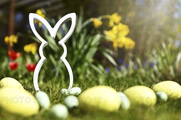 Easter bunny figure with Easter eggs in front of spring flowers
