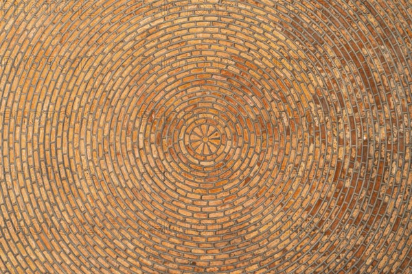 Red brick vault. Ceiling. Architectural Texture. Brick background Circular pattern