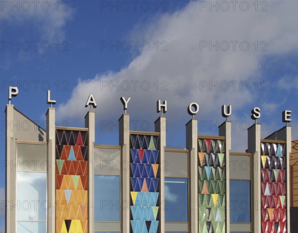 Leeds, West Yorkshire, United Kingdom, 22 February 2020: the brightly coloured facade of the new west yorkshire playhouse theatre building against a bright cloudy blue sky, Europe