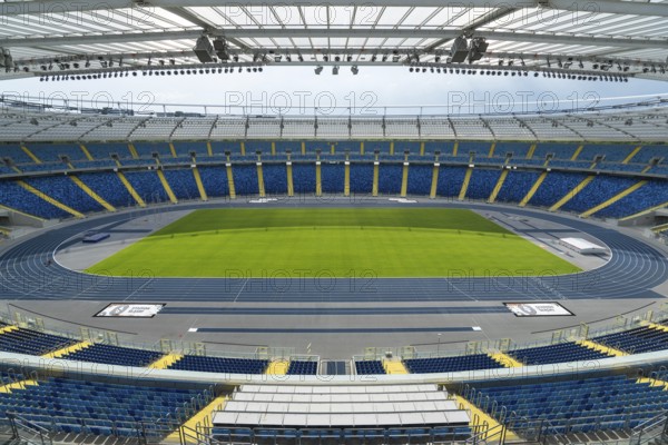 CHORZOW, POLAND - MAY 9, 2018: Tribune and pitch at Silesian Stadium multifunctional arena adapted to football matches, athletics and speedway. The second largest stadium in Poland