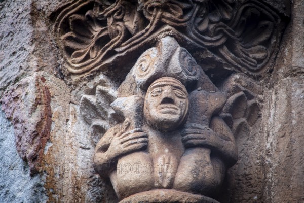 Woman showing her sex, collegiate church of San Pedro de Cervatos, Romanesque, Cervatos, municipality of Campoo de Enmedio, Cantabria, Spain, Europe