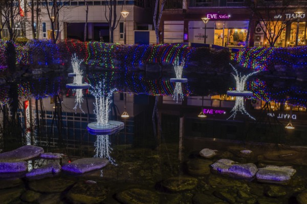 Taebeck, South Korea. January 29, 2019: Night view of light sculptures in pond during winter festival