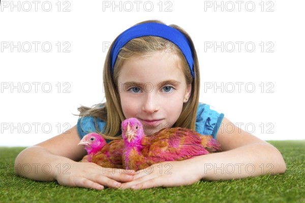 Breeder hens kid girl rancher farmer hug chicken chick white background