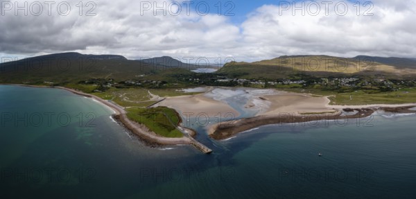 A panorama landscape of the village and harbor of Mulranny in County Mayo of western Ireland