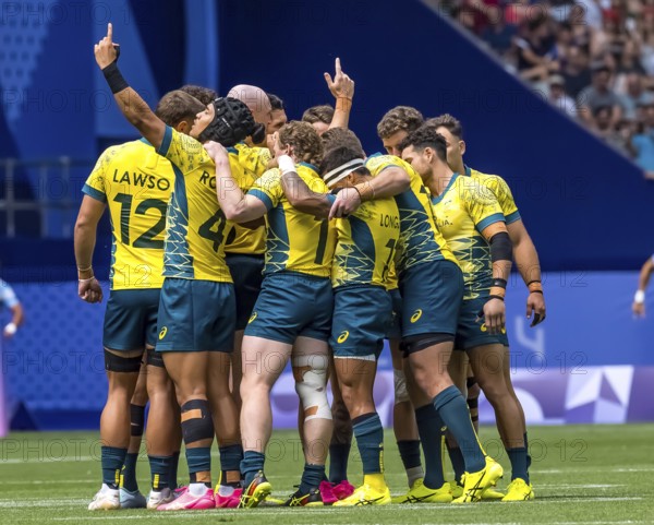 Men?s Pool B Rugby Seven: Team Australia (AUS) prepares for their match against Argentina (ARG) at the Paris 2024 Olympic Games at Stade de France in Saint-Denis, France, Europe