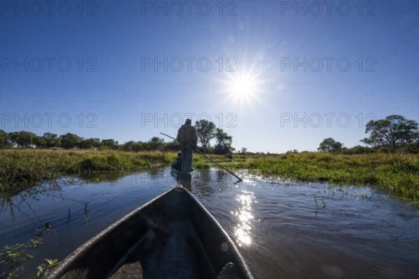 Mokoro, dugout canoe with staker in the Okavango Delta, Khwai Northwest District, Moremi Game Reserve, Maun, Botswana, Africa
