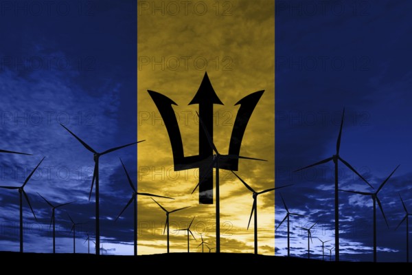 Barbados flag wind farm at sunset, sustainable development, renewable energy Wind Turbines