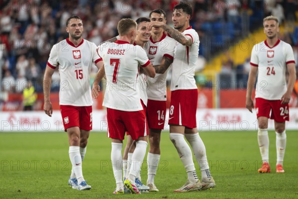CHORZOW, POLAND - JUNE 6, 2025: Friendly match Poland - Moldova. Joy after scoring goal Bartosz Slisz (M) Mateusz Bogusz (7) Jakub Kiwior (14) Jakub Moder (8)