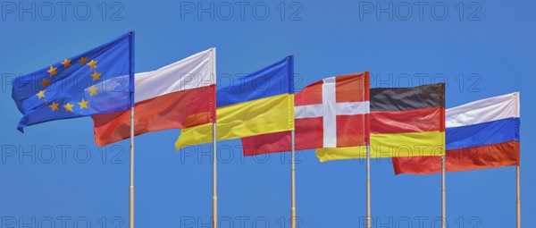 Flags of Different Countries on a Background of Blue Sky Varna, Bulgaria, Europe