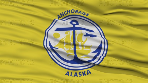Closeup of Anchorage City Flag, Waving in the Wind, Alaska State, United States of America