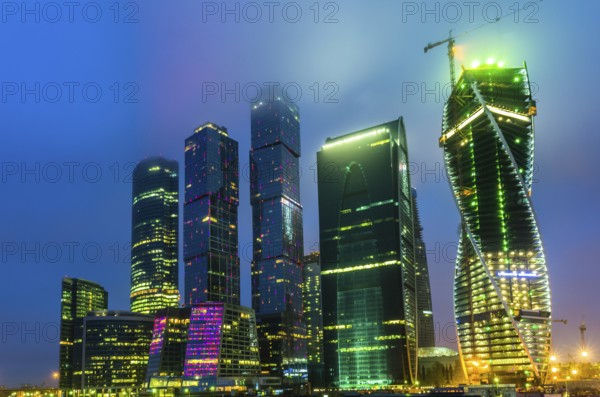 MOSCOW, RUSSIA, JANUARY 07: Night view on office buildings in Moscow City downtown on January 07, 2014 in Moscow, Russia, Europe