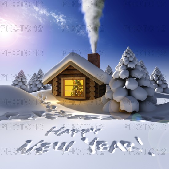 A small cottage in the fairy forest in snowy New Year's Eve. Around the hut on the snow trails and an inscription, a Happy New Year!