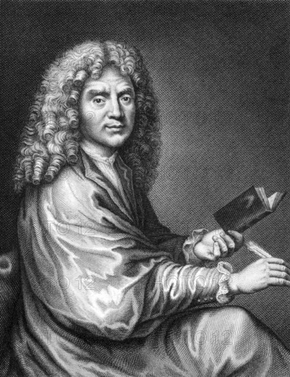 Moliere (1622-1676) on engraving from 1859. French playwright and actor, one of the greatest masters of comedy in Western literature. Engraved by Nordheim and published in Meyers Konversations-Lexikon, Germany, 1859, Europe