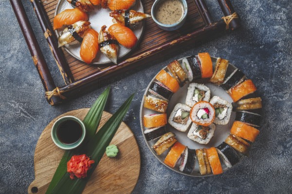 Food, Food, Sushi and rolls sets. Japonese food. top view