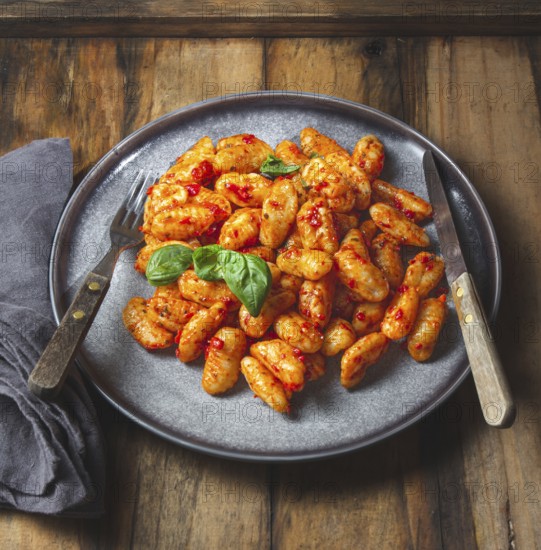 Food, Traditional Italian potato Gnocchi with tomato sauce and fresh basil on blue plate on wooden background