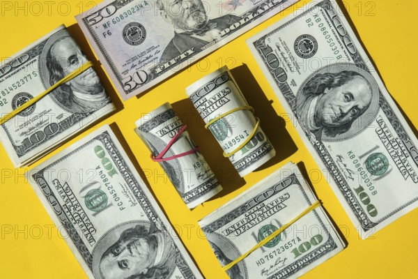 Us dollar bills are creative layout. Business concept, development perspective. Flat lay. Top view. Minimal creative style pattern. Business budget of wealth and prosperity finance. Franklin