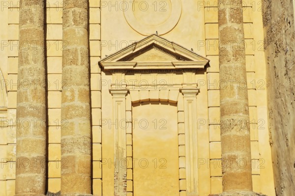 Seville, Andalusia, Spain, Europe, Close-up of columns and windows of a sandstone building, Europe