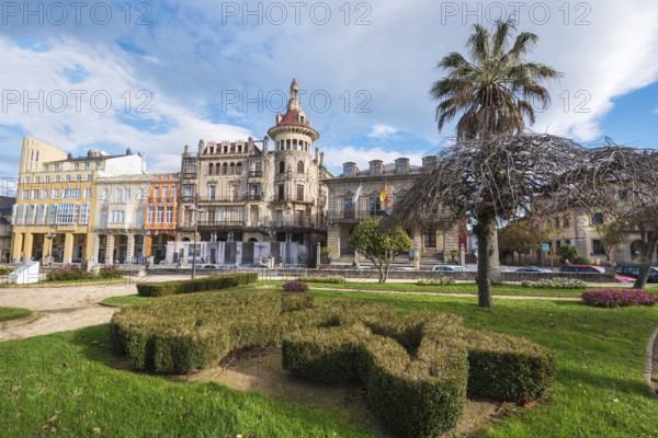 Ribadeo, Spain, November 21, 2018: Ribadeo main square and Torre dos moreno, Ribadeo, Galicia, Spain, Europe