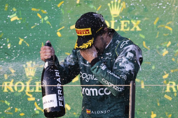 MELBOURNE, AUSTRALIA, APRIL 2: Fernando Alonso of Spain celebrates his 3rd place for Aston Martin Aramco Cognizant Formula One Team on race day during the 2023 Australian Grand Prix at Albert Park on April 2, 2023 in Melbourne, Australia, Oceania