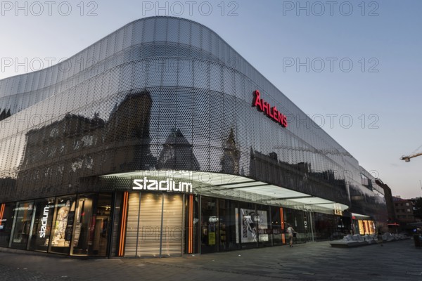 Uppsala, Uppland, Sweden, 07 27 2019 Contemporary glass and steel design of the Alens Stadium fashion shop, Europe