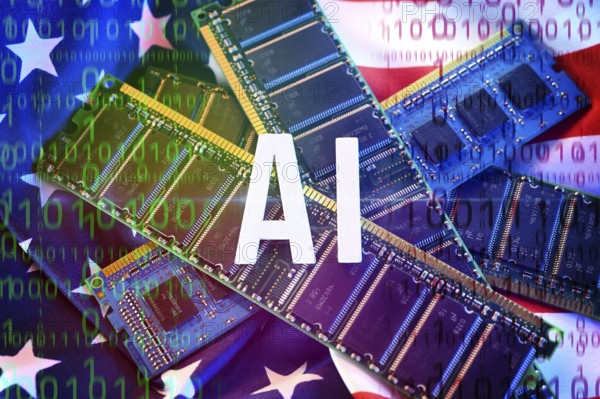 AI lettering on computer chips and USA flag, symbolic photo for the American AI project Stargate, photomontage
