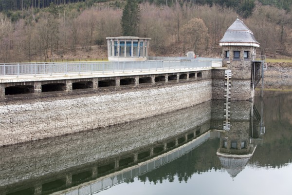 Dam of the Lister Reservoir, turbine tower at Bigge Reservoir hydroelectric power station, Olpe, Germany, Europe