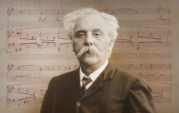 Portrait of Gabriel Fauré, 1845-1924, French composer, digitally edited according to a photograph by Pierre Petit, 1905, notesheet from Arpège, op. 76, no. 2, 1897, song with piano accompaniment, text by Albert Samain