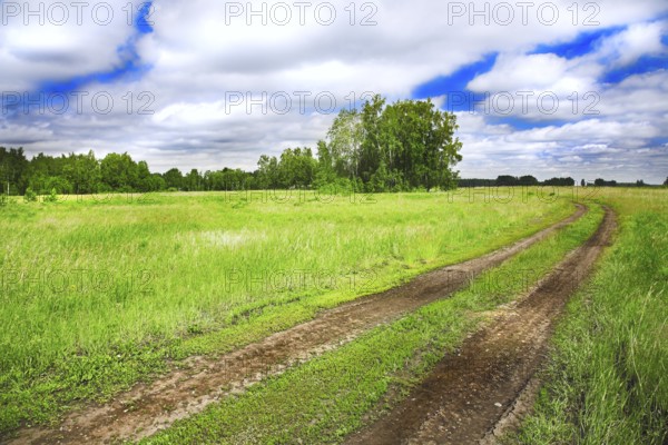 Old rural road and cloudy blue sky