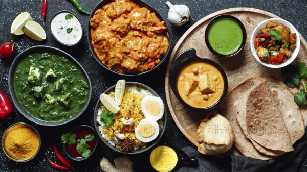 Indian cuisine dishes: tikka masala, paneer, samosa, chapati, chutney, spices. Indian food on dark background. Assortment indian meal top view or flat lay