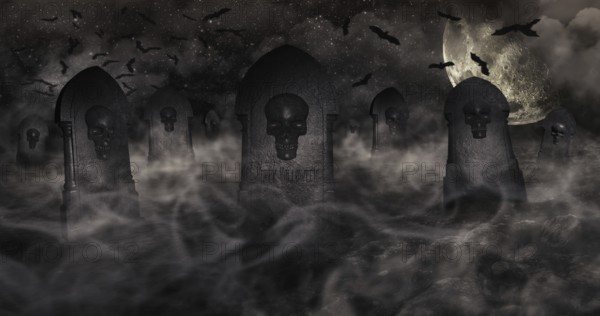 Cemetery At Night With Tombstones With Skulls And Cloudy Sky Full Of Stars in The Background. Halloween Concept 3D illustration