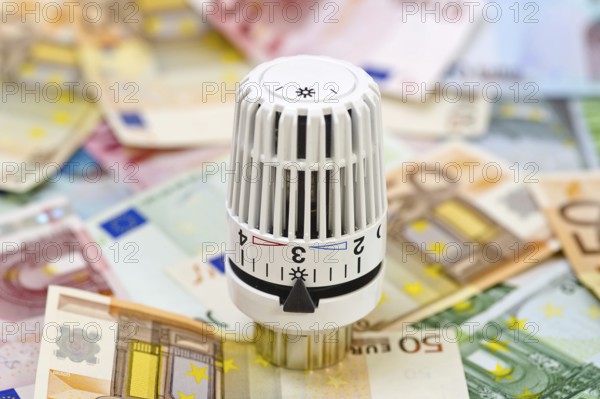 Symbolic photo of energy costs, heating valve and euro notes, studio