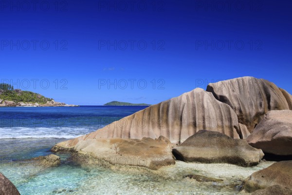 La Digue, Palm tree beach, Seychelles, Indian Ocean, Palm trees, Rocks, La Digue, Indian Ocean, Seychelles, Africa