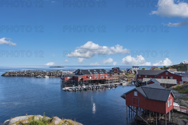 Town centre with Brygga Restaurant, Vestfjord in the background, A i Lofoten, Moskenesoy, Lofoten, Norway, Europe