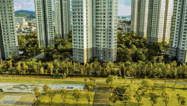 Daejeon, South Korea, September 24, 2020: For editorial use only Aerial view of park with fountain with ExlluTower apartments in background, Asia