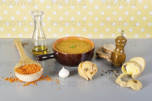 Home made vegetarian lentil soup with ingredients