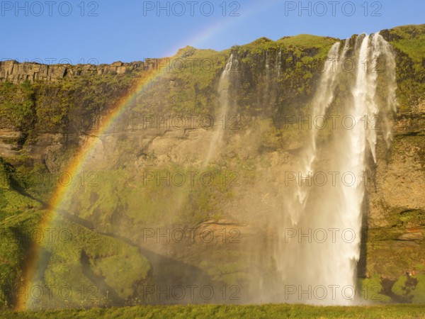 Rainbow at Seljalandsfoss waterfall, South Iceland, Iceland, Europe