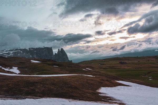 Panoramic view of Mount Sciliar from Alpe di Siusi in the Dolomites in South Tyrol, Italy, Europe