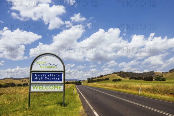 The Kosciusko National Park and Snowy Mountains entrance sign on a summer's day in New South Wales, Australia, Oceania