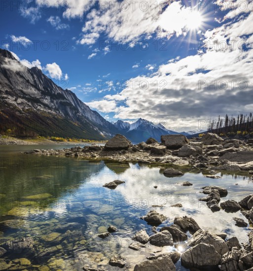The shoaled Medicine Lake. Jasper national park, Canada, North America