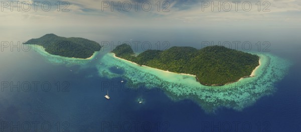 Aerial top panorama view of beauty nature landscape with beach, corals and sea on tropical Koh Rok island, Thailand, Asia