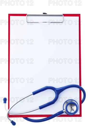 A clipboard with a piece of paper and a stethoscope. Survey and findings with a doctor. Austria