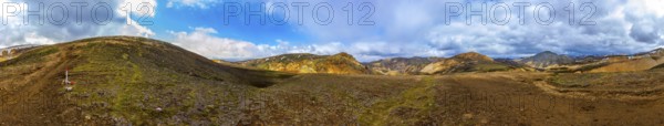 Icelandic volcanic mountain landscape in panorama. Hiking trail laugavegur in Fjallabak. Travel and tourism