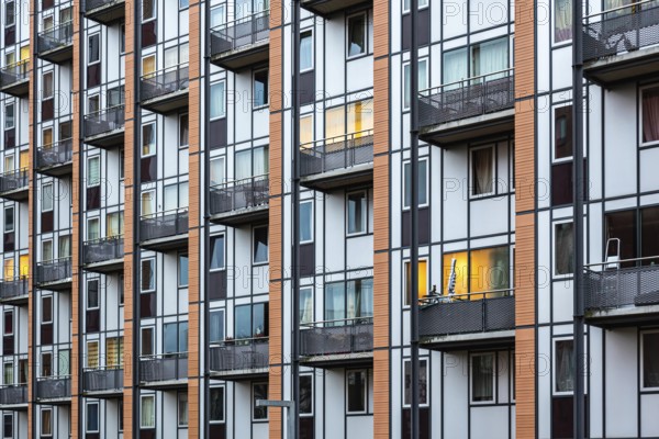 Leuven, Flemish Brabant Region, Belgium, 01 29 2022: Detail of windows and balconies at a social housing skyscraper, Europe