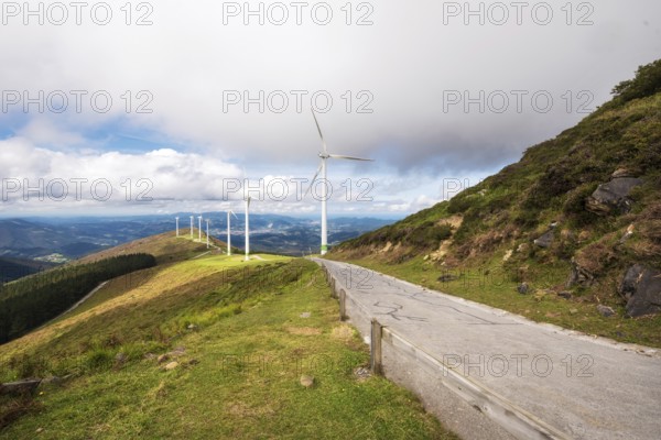 Renewable energy. Wind turbines, eolic park in scenic landscape of basque country, Spain, Europe