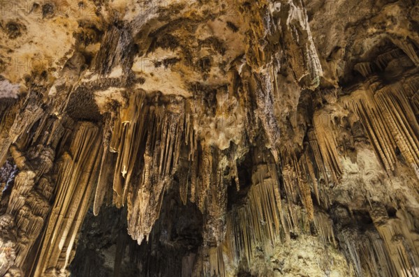 Nerja cave formations. Stalactites and stalagmites in the famous Nerja Caves, In Nerja, Málaga Province, Andalusia, Spain, Europe