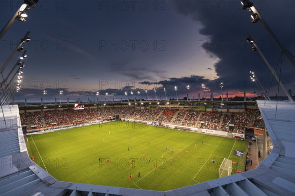 LUBIN, POLAND - MAY 20, 2024: Football match Polish PKO Ekstraklasa between KGHM Zaglebie Lubin vs LKS Lodz. View from the roof on the pitch.