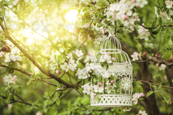Bird cage on the apple blossom tree in sunset