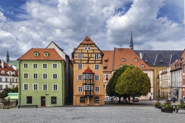 Group of houses from the late-Gothic period known as Spalicek on main market square in Cheb, Czech republic
